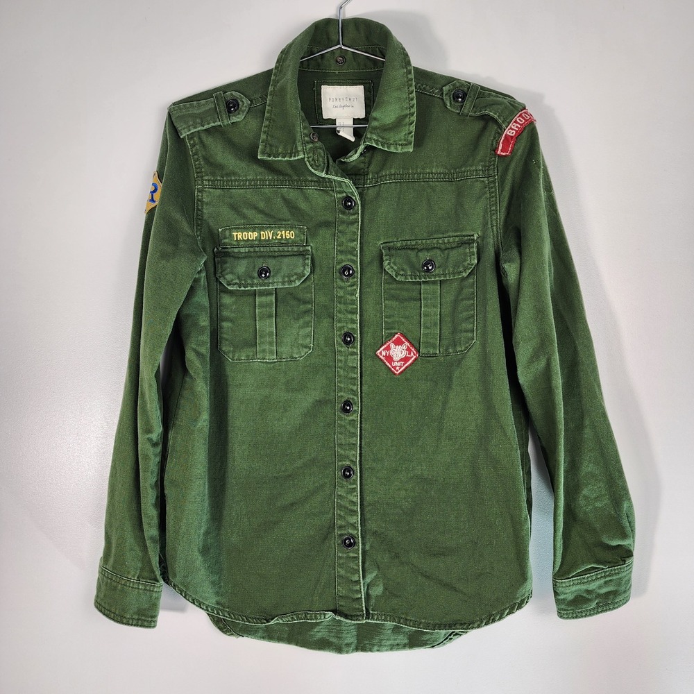 Forever 21 Military Shirt Womens Small Green Army Fatigue Shacket Utility Patch